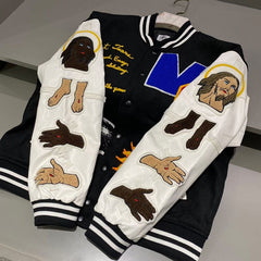 Loose Baseball Jacket With Embroidered Badge -Black