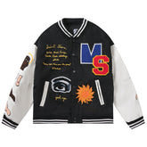 Loose Baseball Jacket With Embroidered Badge -Black