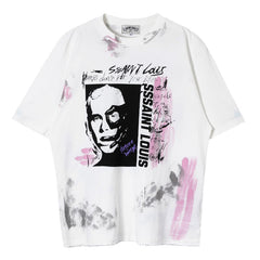 Pure Cotton Printed Tie Dyed Graffiti Ragged T-Shirt