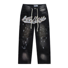 Embroidered Rhinestone Jeans #8253