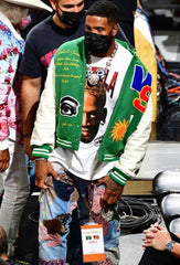 Loose Baseball Jacket With Embroidered Badge-Green